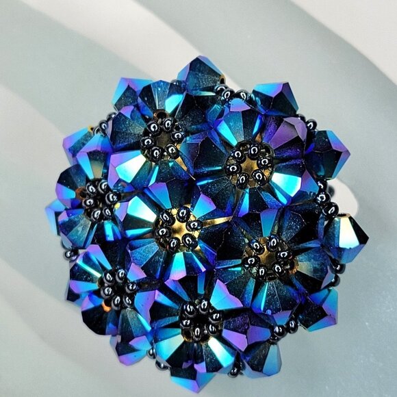 Blue Sparkling Crystal Ring Bicone Beads Cluster Ring Glitter Stretch Ring - Picture 4 of 12